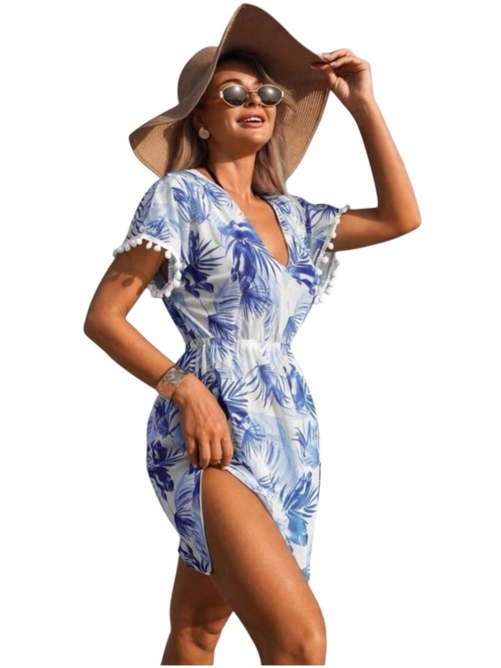 Swim Lushoire Summer Boho Tropical Print V-Neck Slit Hem Bikini Cover-Up Dress 💕